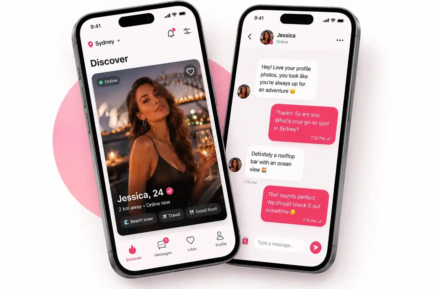 Casual Encounters Australia mobile app preview showing profile discovery and private messaging